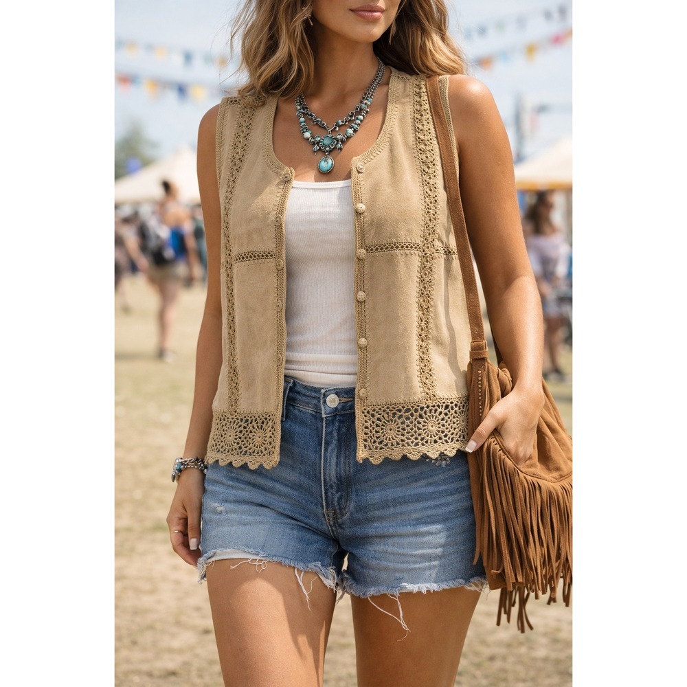 Vintage Scully Suede Crochet Vest XL Boho Festival Western Tan Coachella Hippy